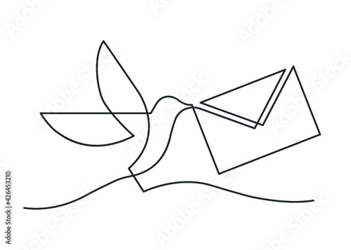 Continuous line drawing of bird carrying a letter. Vector illustration