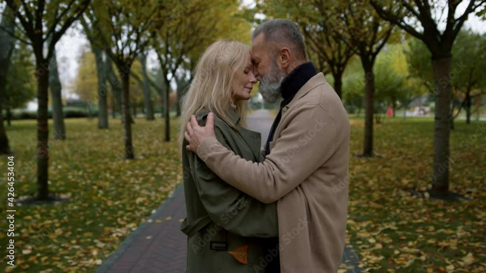 Beautiful lovers standing together facing each other in romantic autumn park. Beautiful lovers standing together facing each other in romantic autumn park.