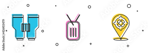 Set Binoculars, Military dog tag and Target sport icon. Vector