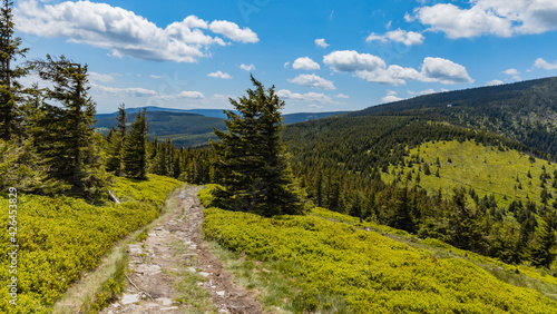 Long mountain trail with panorama if Karkonosze Giant Mountains around photo