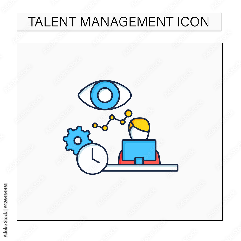 Performance monitoring color icon. Employees productivity reviews. Observation statistics through laptop. Talent management concept. Isolated vector illustration