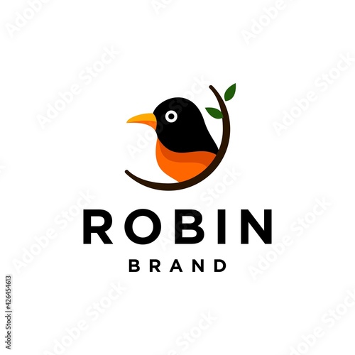 american robin logo design vector icon, black and orange bird Illustration on a tree branch with leaf