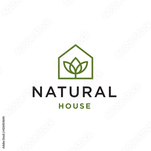 minimal and simple yoga lotus house icon vector logo with beautiful plant tree flower, organic house, cottage forrest design illustration 