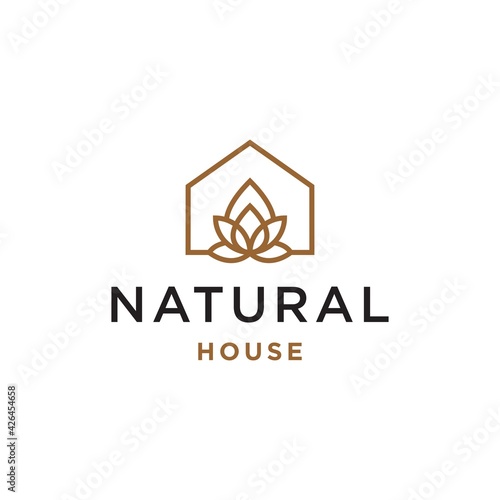 minimal and simple yoga lotus house icon vector logo with beautiful plant tree flower, organic house, cottage forrest design illustration 