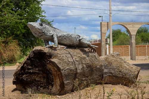 Sculptures of giant iguanas at the entrance to the town , one of the Yaquis communities in  Mexico. town of iguanas.  photo