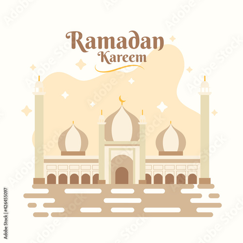 Ramadan Kareem greeting poster, Mosque scenery illustration vector banner