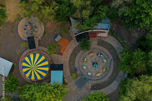 Aerial view of the Ostimuri Children's Park in Obregon Sonora city. Family recreation center with amusement rides, a train that runs through the park, rest areas, zoo photo
