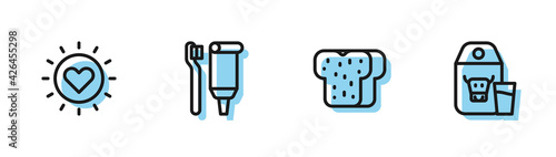Set line Bread toast, Sun, Toothbrush and toothpaste and Paper package for milk icon. Vector