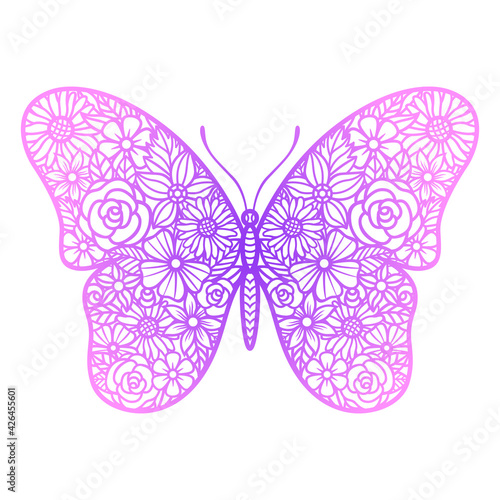 Vector flower butterfly. Insect silhouette. Template for laser and paper cutting, printing on a T-shirt, mug. Flat style. Hand drawn decorative element for your design.