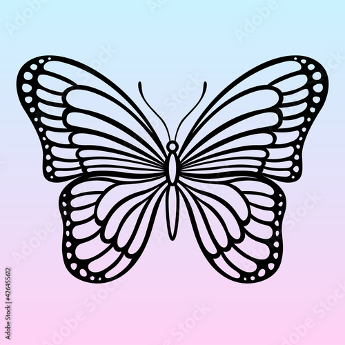 Vector butterfly. Insect black silhouette. Template for laser and paper cutting, printing on a T-shirt, mug. Flat style. Hand drawn decorative element for your design.