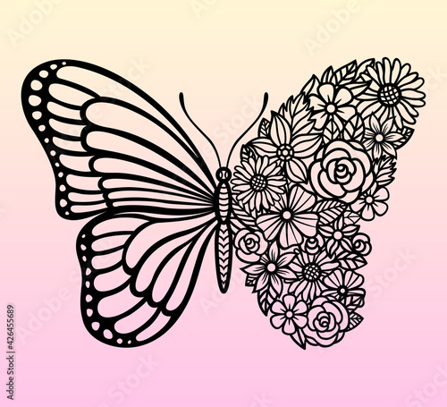 Vector flower butterfly. Insect silhouette. Template for laser and paper cutting, printing on a T-shirt, mug. Flat style. Hand drawn decorative element for your design.