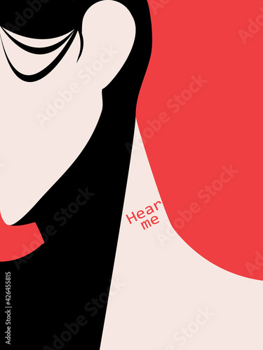 Silhouette of a young girl. Hear me. Vector art.
