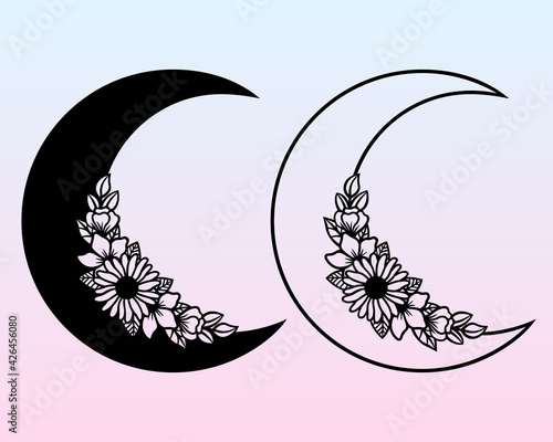 Vector crescent with flowers. Decorative moon illustration in boho style. Hand-drawn ethnic symbol. For paper and laser cutting, printing on T-shirts, mugs. Black mystical element for your design.