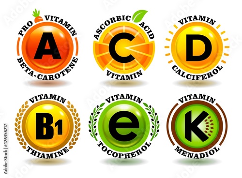 Creative concept vector set of A, B, C, D, E, K vitamin complex signs with cartoon sun symbol, realistic fruit icons, natural healthy food stamps, 3D colorful organic oil pills, chemical names