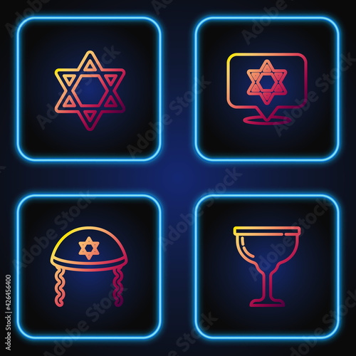 Set line Jewish goblet, kippah, Star of David and . Gradient color icons. Vector