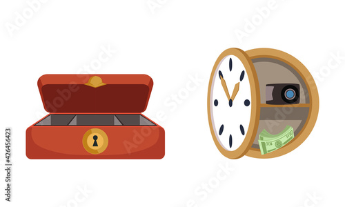 Safe Clock and Jewelry Box with Keyhole Set Vector Illustration
