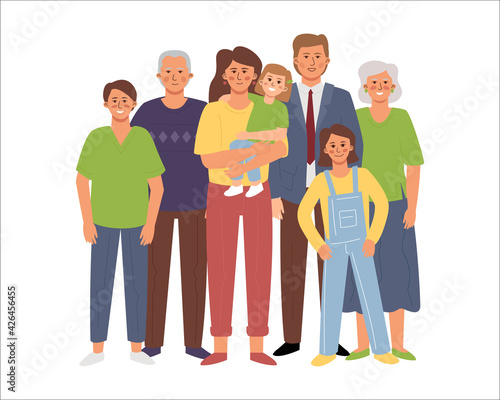 Happy big family standing together. Grandma, Grandpa, Mom, Dad, teen, child, toddler, daughter, son.