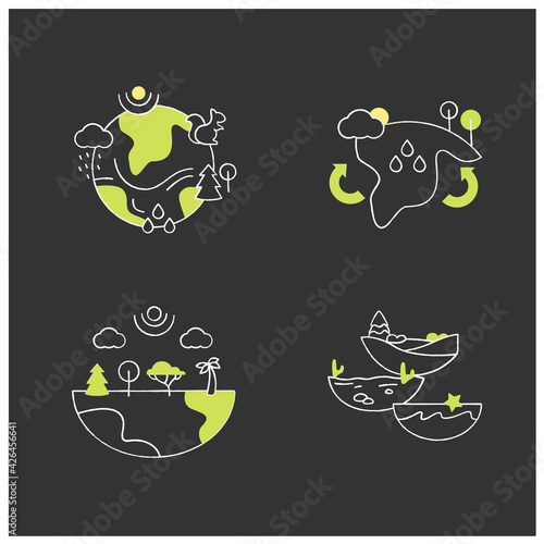 Biodiversity chalk icons set.Reduce air pollution. Fighting global warming. Saving flora and fauna.Species diversity ecosystem icons. Isolated vector illustrations on chalkboard