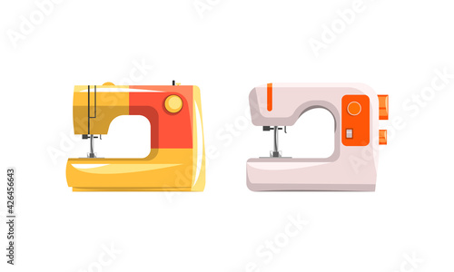 Set of Modern Sewing Machines, Dressmaker Equipment Flat Vector Illustration