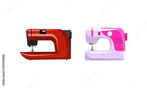 Modern Sewing Machines Set Flat Vector Illustration on White Background