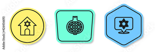 Set line Jewish synagogue, Pomegranate and Star of David. Colored shapes. Vector