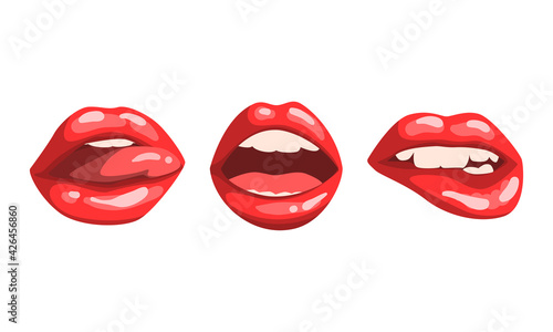 Female Glossy Lips Collection, Red Mouth with Various Expressions Vector Illustration