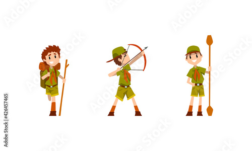 Scouting Boys Activity Set, Boy Scouts Wearing Khaki Uniform Hiking and Shooting with Bow Vector Illustration