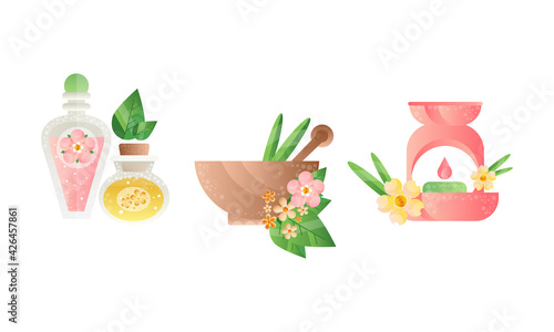 Spa and Beauty Salon Symbols Set, Stone Mortar with Green Leaves and Pestle, Aroma Lamp, Bottles with Essential Oils Vector Illustration