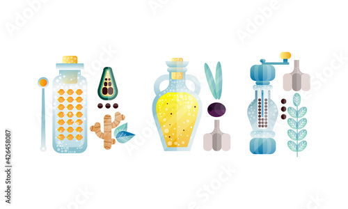 Set of Herbs and Spices Glass Jars, Ginger, Pepper, Oil Vector Illustration