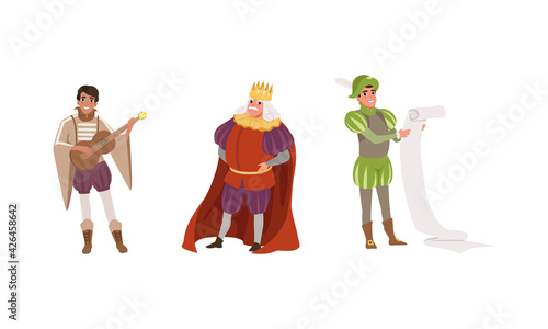Medieval Characters Dressed Ancient Clothes Set, Royal Scribe, Musician, Majestic King Vector Illustration