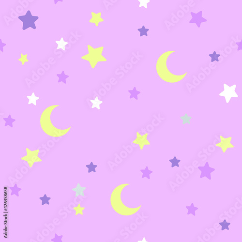 Pink night sky seamless pattern with the Moon and the stars