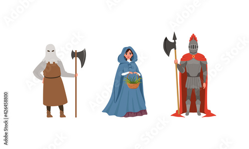 Medieval Characters Dressed Ancient Clothes Set  Executioner  Armed Knight  Woman Citizen of Medieval City Vector Illustration