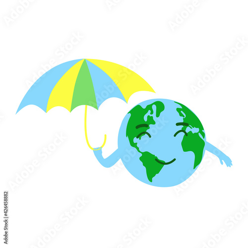 Earth holding an umbrella in her hand. Label  icon for Environment Day  Earth Day