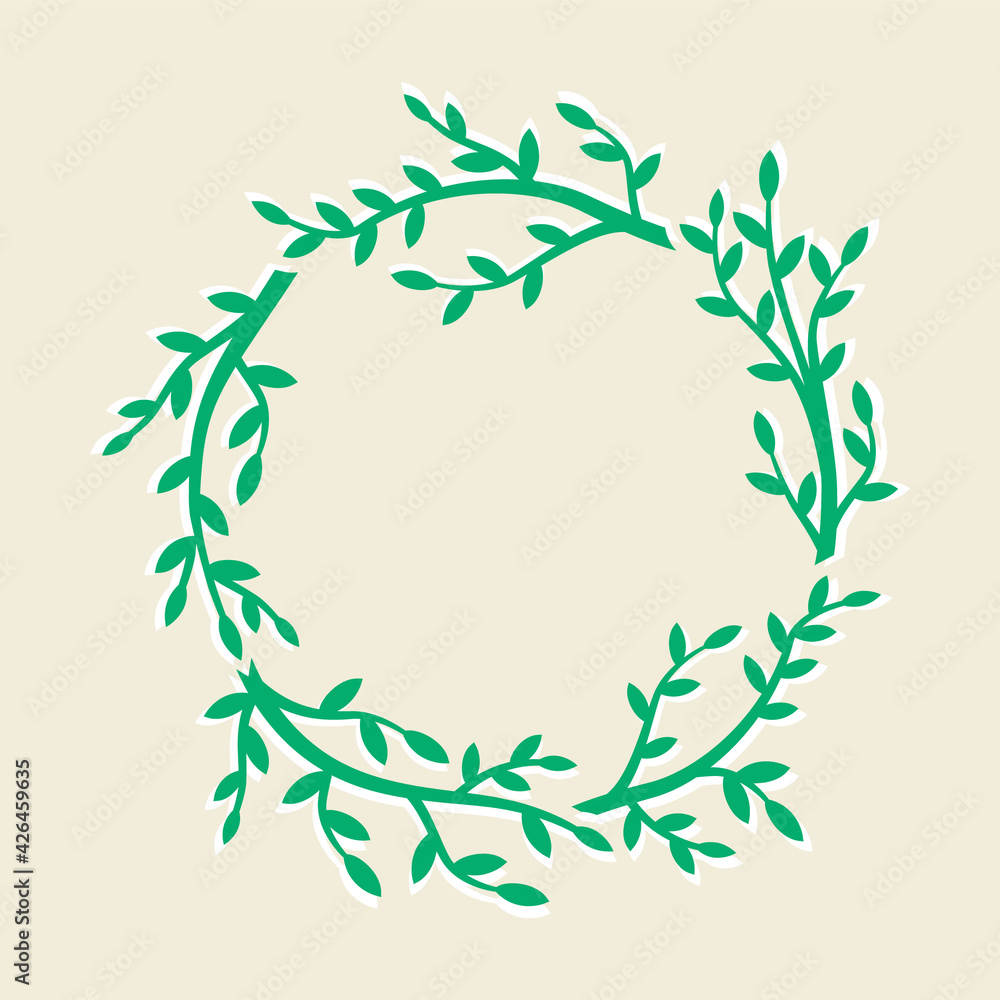 Spring floral green banner with wreath of green branches leaves on background.Design template logo snowdrop,sign nature,icon spring.Vector