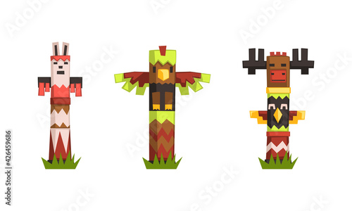 Indian Totem Poles Set, Colorful Wooden Ethnic Ceremonial Objects Vector Illustration