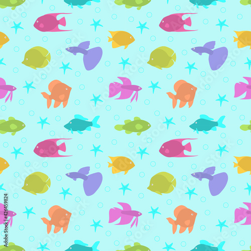 Fish seamless pattern. Abstract multicolored fish and starfishes on a blue background.