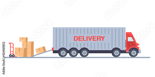Cute cartoon delivery. Delivery truck with man is carrying parcels on points.