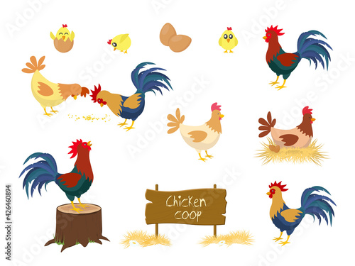 Chicken vector cartoon chick character hen and rooster in love with baby chickens or hen sitting on eggs in hen-coop. Chicken farm coop Vector.