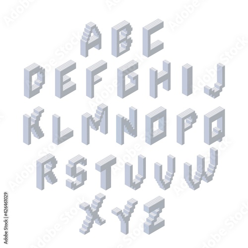 Alphabet set. Isometric 3d font made from plastic blocks. Vector illustration