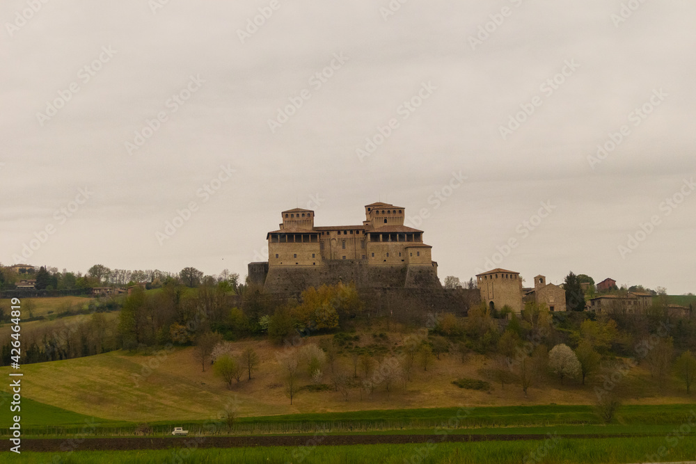 View of Torrechiara Castle. Torrechiara, Parma, Italy