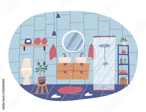 Modern bathroom interior with shower stall, mirrors and sinks, accessories. Isolated concept in abstract shape. Flat scandi style vector illustration