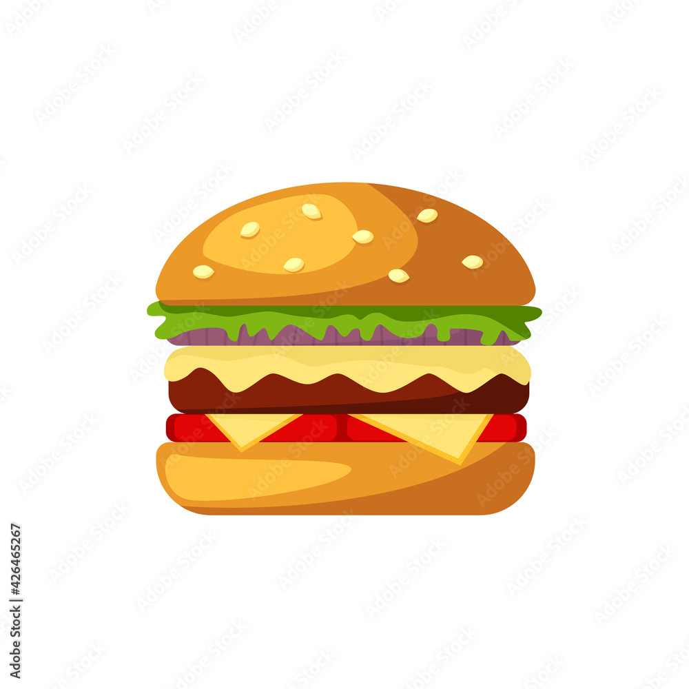 Burger icon with cheese, lettuce, sesame bun, isolated on white background. Hamburger, cheeseburger, fast street food concept. Vector illustration Burger icon with cheese, lettuce, sesame bun, isolated on white background. Hamburger, cheeseburger, fast street food concept. Vector illustration