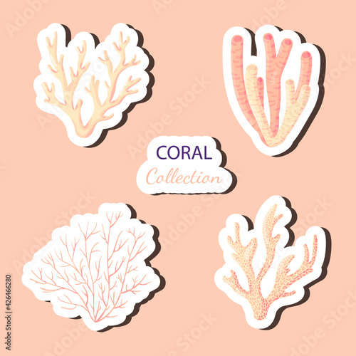 Coral, polyps vector underwater plants. Aquarium, ocean and undersea life isolated on white background. Aquarium fauna and ocean reef habitats in a simple cartoon style. Sticker collection.