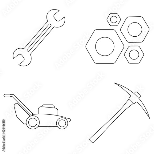 Set of work icons. Spanner, nut tools, lawn mower mashine, mining pickaxe