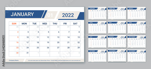 Planner, calendar 2022 year. Calender template. Week starts Sunday. Vector. Yearly stationery organizer. Table schedule grid with 12 month. Horizontal monthly diary layout. Simple color illustration.