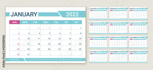 Calendar 2022 year. Planner template. Week starts Sunday. Vector. Calender layout. Table schedule grid. Yearly stationery organizer. Horizontal monthly diary with 12 month. Simple color illustration.