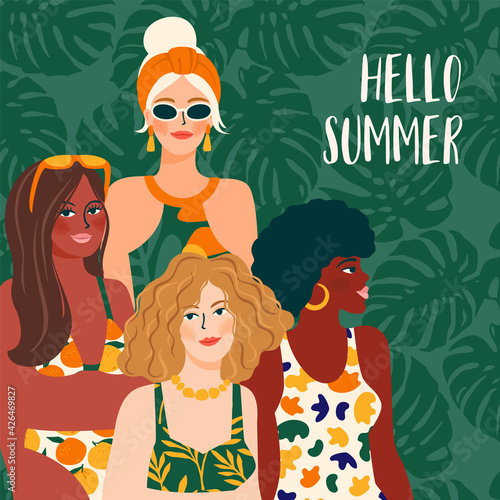 Vector illustration of woman in bright swimsuit. Young girls with different skin colors.
