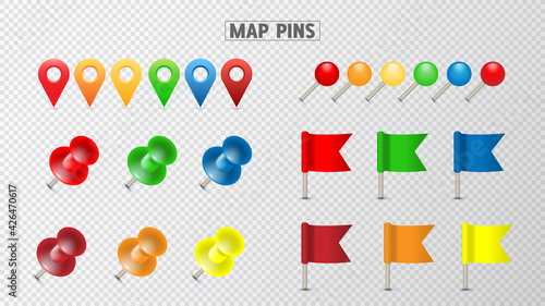 Pushpin Thumbtack for note attach collection. Realistic 3d push pins pinned vector set