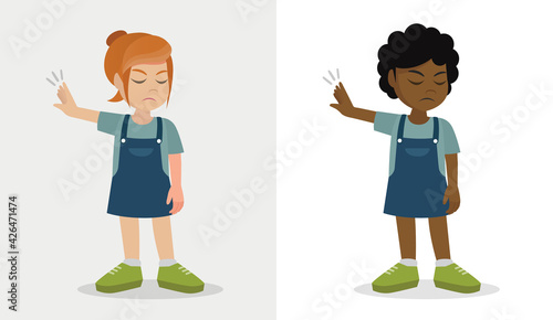 little kid girl show refuse expression gesture