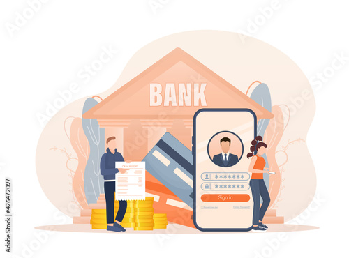 Line banking people for account page design. Isometric vector illustration. Bank online. Vector illustration.